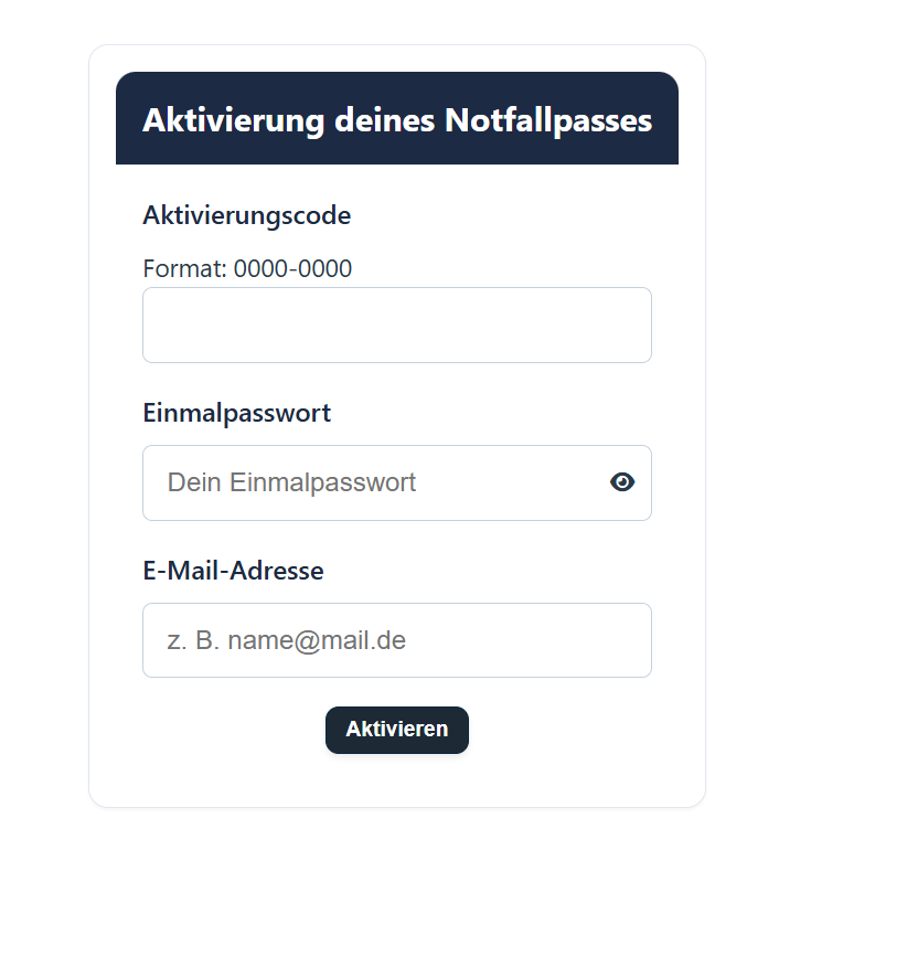 Eingabe von Notfallcode und Einmal-Passwort zur Registrierung